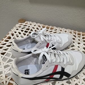 Onitsuka White Sneakers with Red and Black Stripes